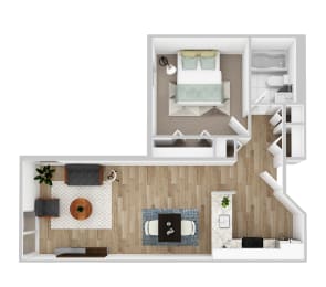One Bedroom One Bathroom Staged 3D Floor Plan.