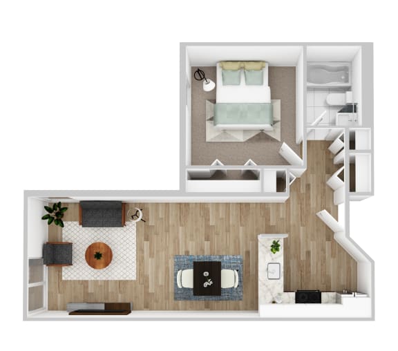 One Bedroom One Bathroom Staged 3D Floor Plan.
