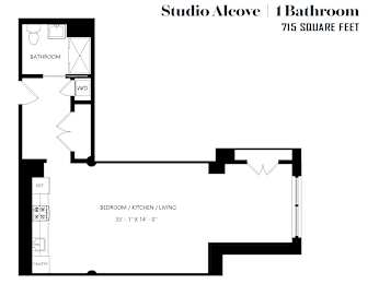 A floor plan for a studio alcove with one bathroom and a combined bedroom, kitchen, and living room.