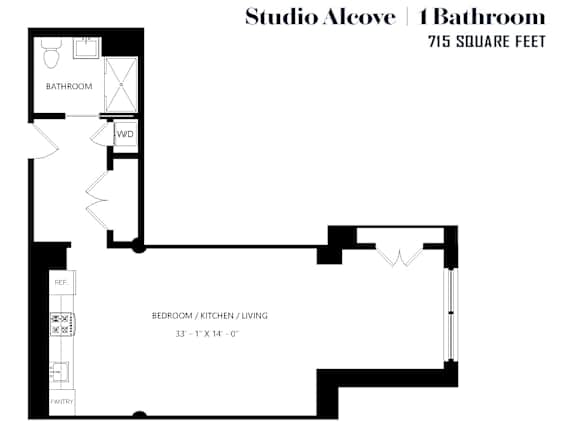 A floor plan for a studio alcove with one bathroom and a combined bedroom, kitchen, and living room.