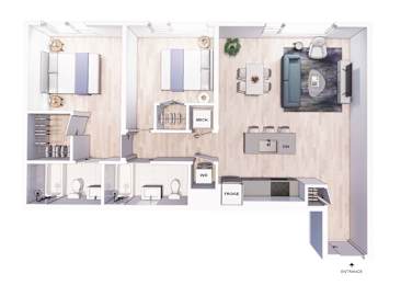 a floor plan of a 1 bedroom floor plan with roommates