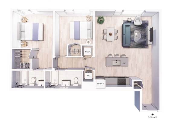 a floor plan of a 1 bedroom floor plan with roommates