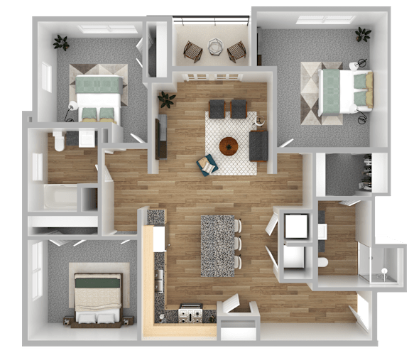 A 3D floor plan of a house with a living room, kitchen, dining room, and bedrooms.