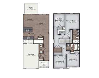 A floor plan of a house with a garage and three bedrooms.