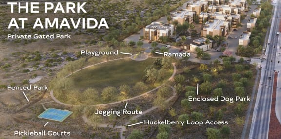 an aerial view of the park at amazonia with a map of the area