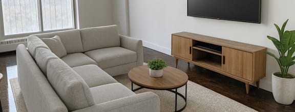 A modern dining room with a wooden table and chairs.