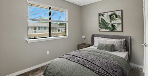 A bedroom with a bed, a ceiling fan, and a window with blinds.