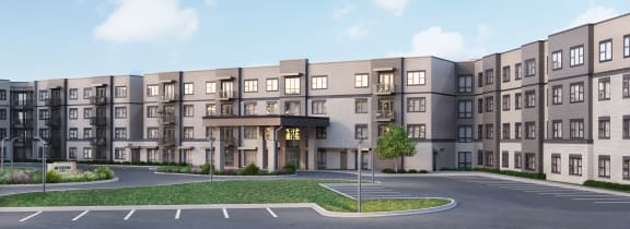 a rendering of a large apartment complex with a parking lot in front of it