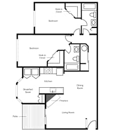 A floor plan of a house with a living room, dining room, kitchen, two bedrooms, a breakfast nook, a patio, and a fireplace.