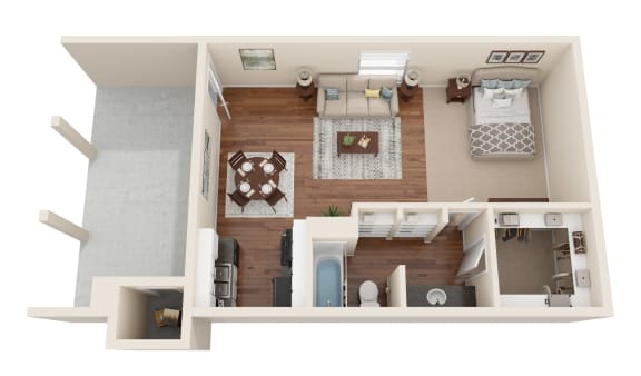 a stylized floor plan of a 1 bedroom apartment