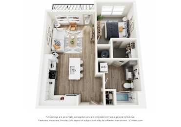 A 3D floor plan of a small apartment with a kitchen, living room, and bedroom.