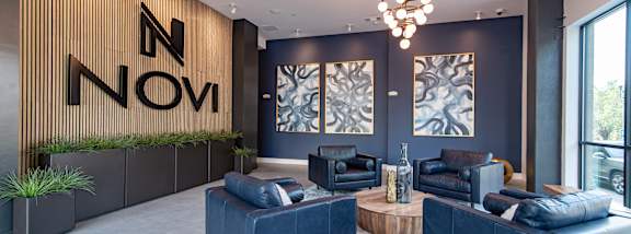 A collage of images showing a modern interior with a sign that reads "NOVI".