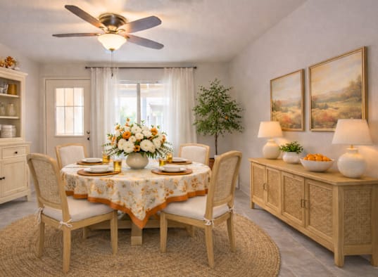 A dining room with a round table set for a meal.