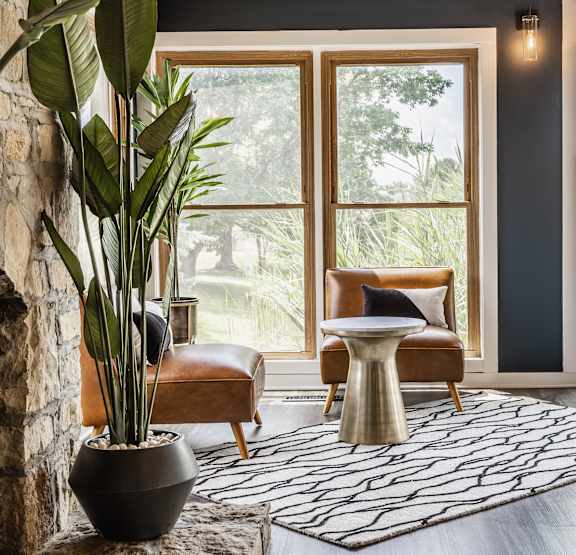 A living room with a large window and a plant in a pot.