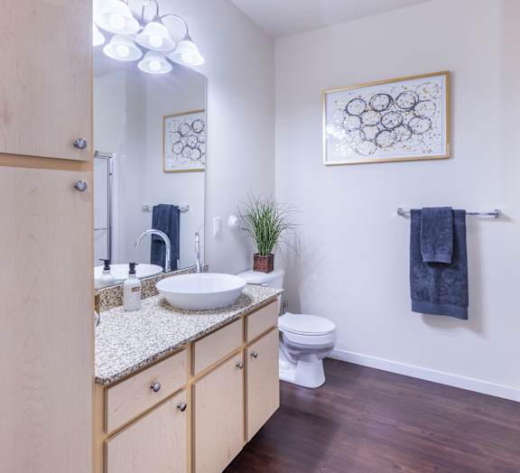 A bathroom with a toilet, sink, and mirror.