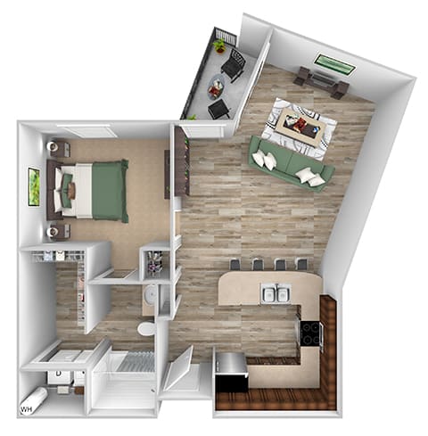 ABQ Uptown Apartments - A7 - 1 bedroom and 1 bath - 3D floor plan