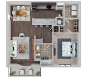 A top-down view of a house layout with a kitchen, living room, dining area, and bathroom.