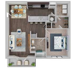 A top-down view of a house layout with a kitchen, living room, dining area, and bathroom.