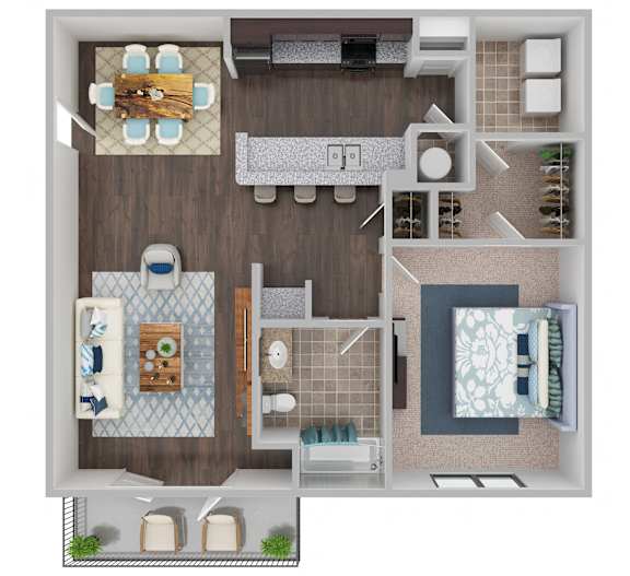 A top-down view of a house layout with a kitchen, living room, dining area, and bathroom.