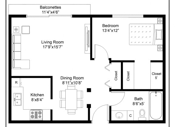 One bedroom apartment floor plan 835 square feet at Cedarvale Highlands Apartments, Eagan