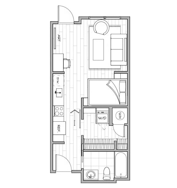 A floor plan of a house with a kitchen, living room, and bathroom.