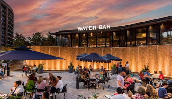 a group of people sitting at tables at a water bar