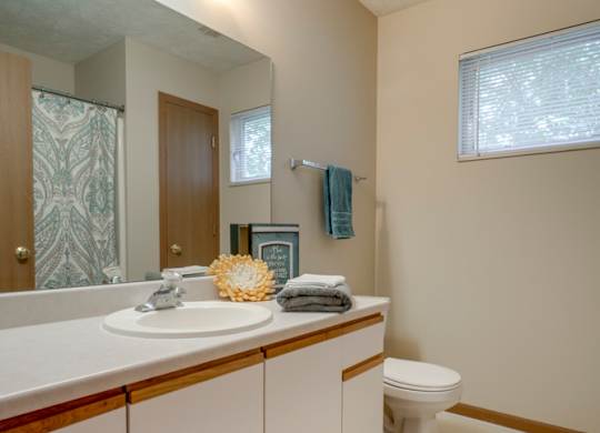 Bathroom with vanity with cabinets for storage at Pine Lake Heights apartments