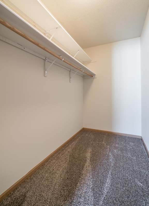 A room with a carpeted floor and a white wall.