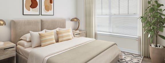 virtually staged bedroom with ceiling fan and window