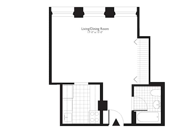 Floor Plan  A black and white floor plan for a studio apartment at One West, New York, NY.