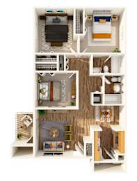 A top-down view of a small apartment with a bedroom, living room, kitchen, and bathroom.