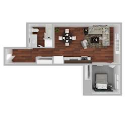 A floor plan of a small apartment with a kitchen, living room, and bedroom.