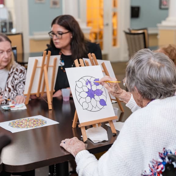 a group of people sitting around a table painting with easels