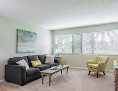 a living room with a couch and a chair and a window