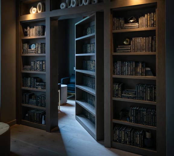 a dark room with bookshelves and a doorway to a secret room