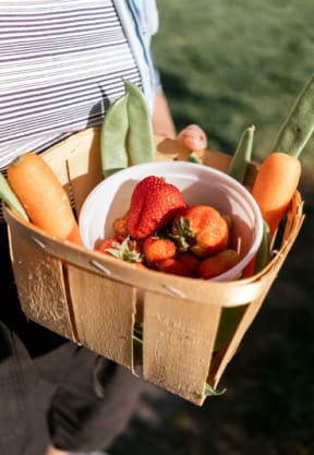 Woman holding basket with strawberries and carrots