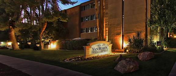 Exterior and signage at Van Buren Apartments in Tucson AZ
