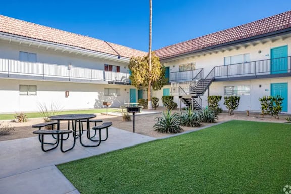 A sunny day at a courtyard with a picnic table and a tree.