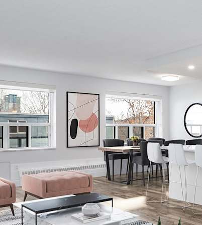 View of apartment living room, kicthen, balcony door and dining room.