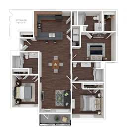 A floor plan of a house with a living room, two bedrooms, a kitchen, and a storage area.
