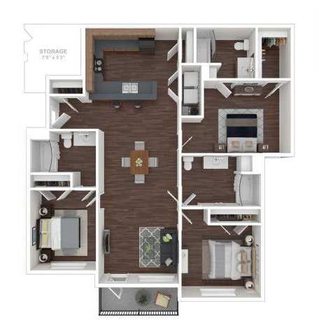 A floor plan of a house with a living room, two bedrooms, a kitchen, and a storage area.