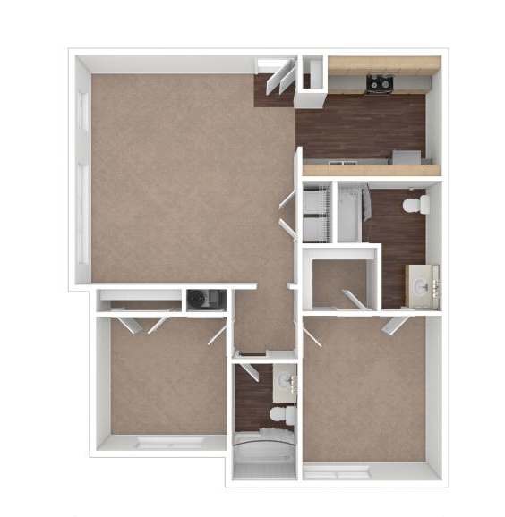 A floor plan of a small apartment with a kitchen, living room, and bathroom.