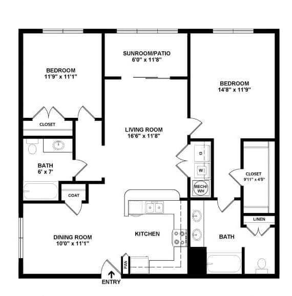 A black and white image of a floor plan for a home with a sunroom, two bedrooms, a living room, a dining room, a kitchen, and two bathrooms.