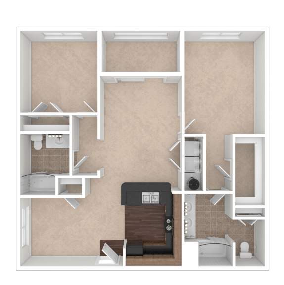 A 3D rendered image of a small apartment layout.