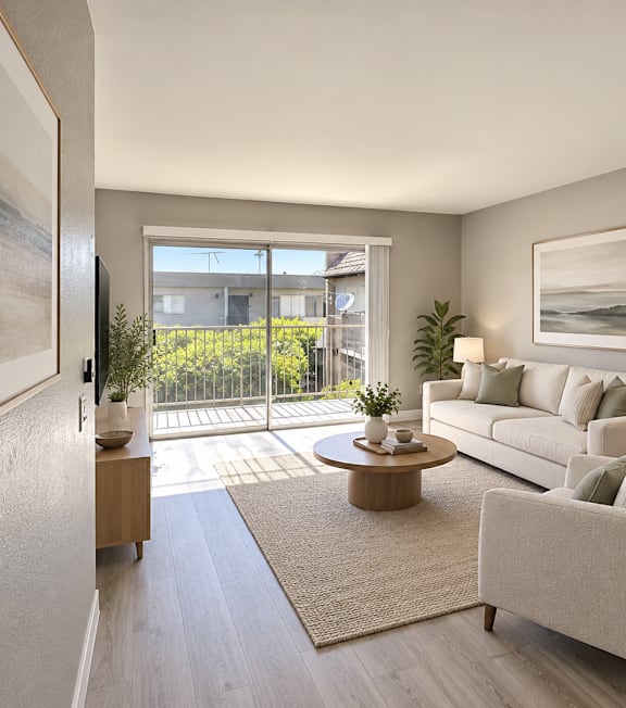 A modern living room with a large window and a view of the outdoors.