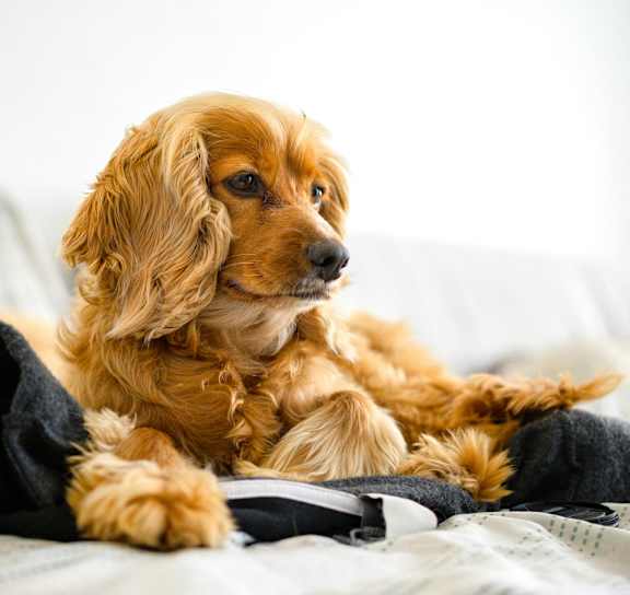 A brown dog with curly fur is lying on a bed.