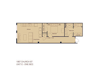 A floor plan of a one bedroom unit at 1567 Church St.