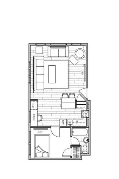 floor plan of the apartment with bedroom and kitchen on the second floor