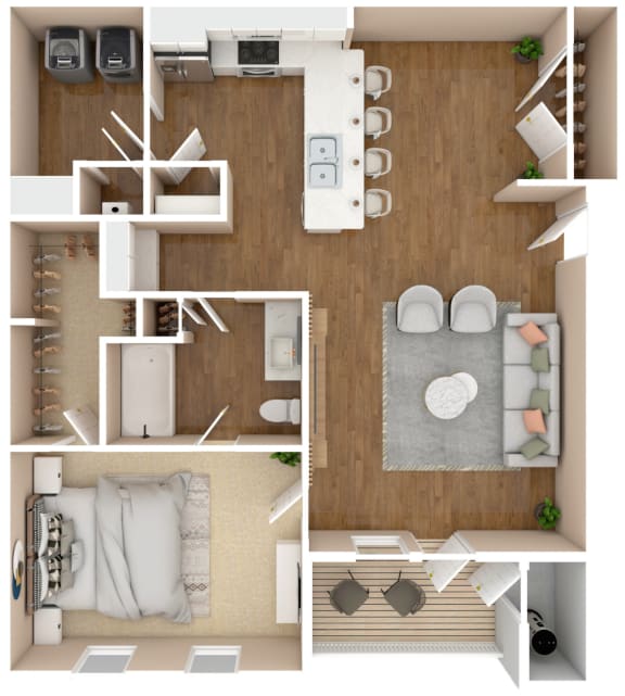 The Swoop - One Bedroom and One Bathroom Floor Plan | 902 Sq. Ft. at Cumberland Place Apartment Homes, Texas