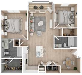 2 bedroom, 2 bathroom floor plan | 1,047 Sq. Ft. at Audubon Park Apartment Homes in Zachary, LA